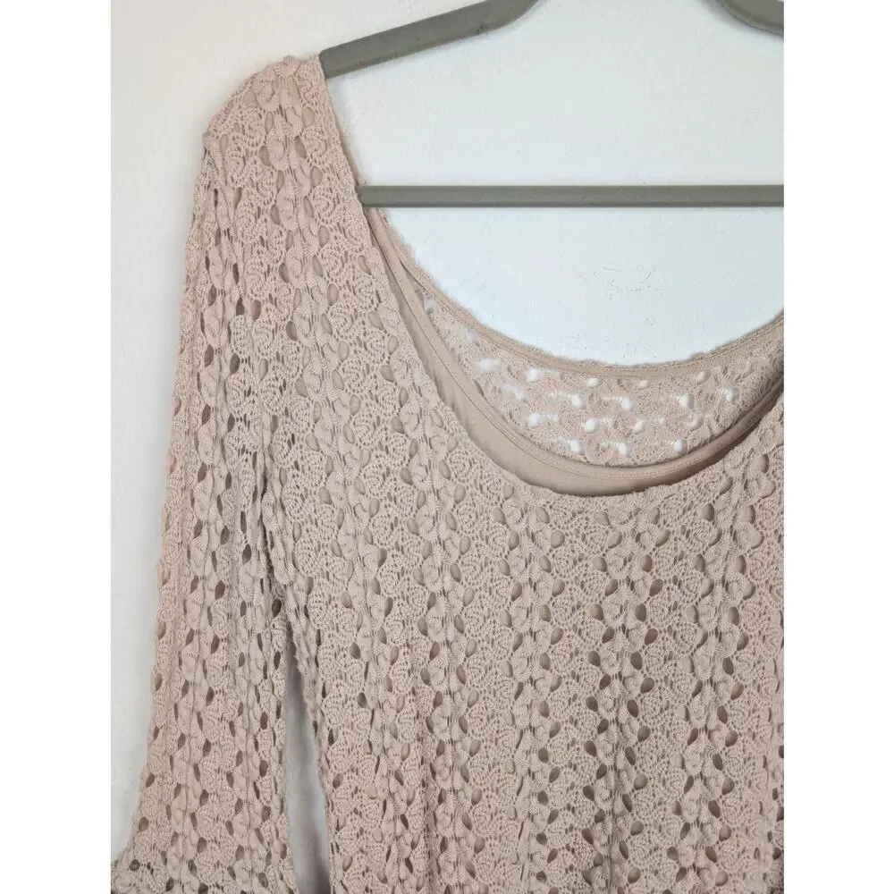 Free People Crochet Top Woven Bell Sleeve Boho Beach Festival Nude Cream Size M
